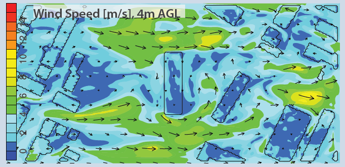 Wind speed contours for flow around buildings with WRF-IBM.