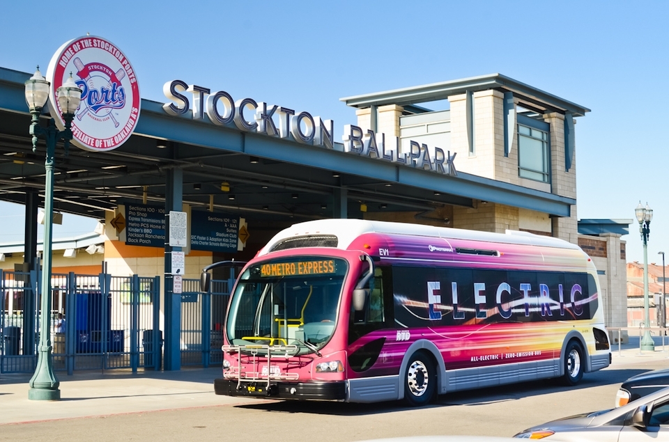 Image of an electric bus in front of the Stockton Ballpark