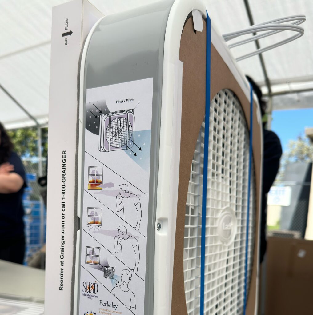 Close up of a box fan air purifier built at the SUSD Earth Day event