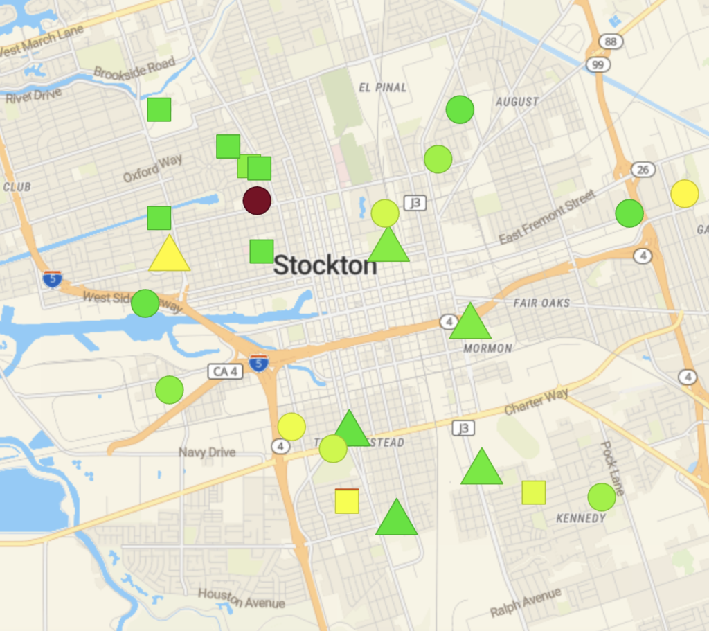 Screenshot of SJVair website showing air pollution measurements from PurpleAir and BAM sensors in Stockton